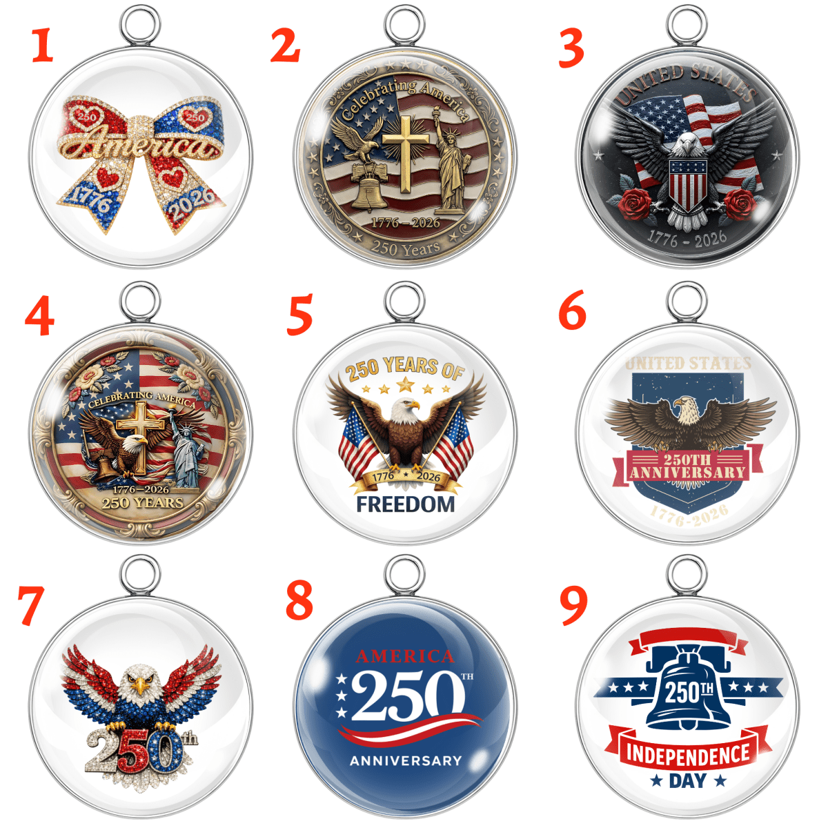 Nine patriotic keychains with American-themed designs on a white background
