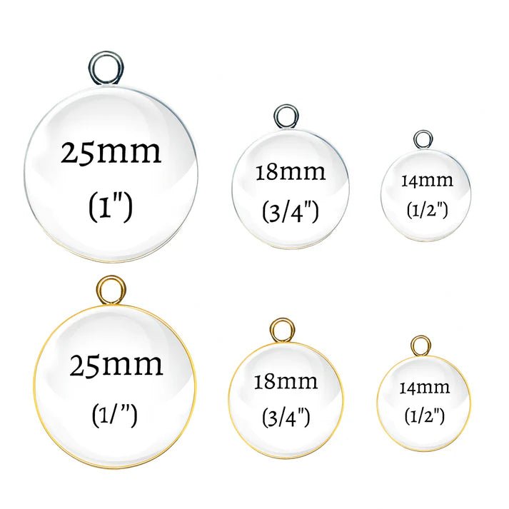 Set of round pendants with measurements on a white background