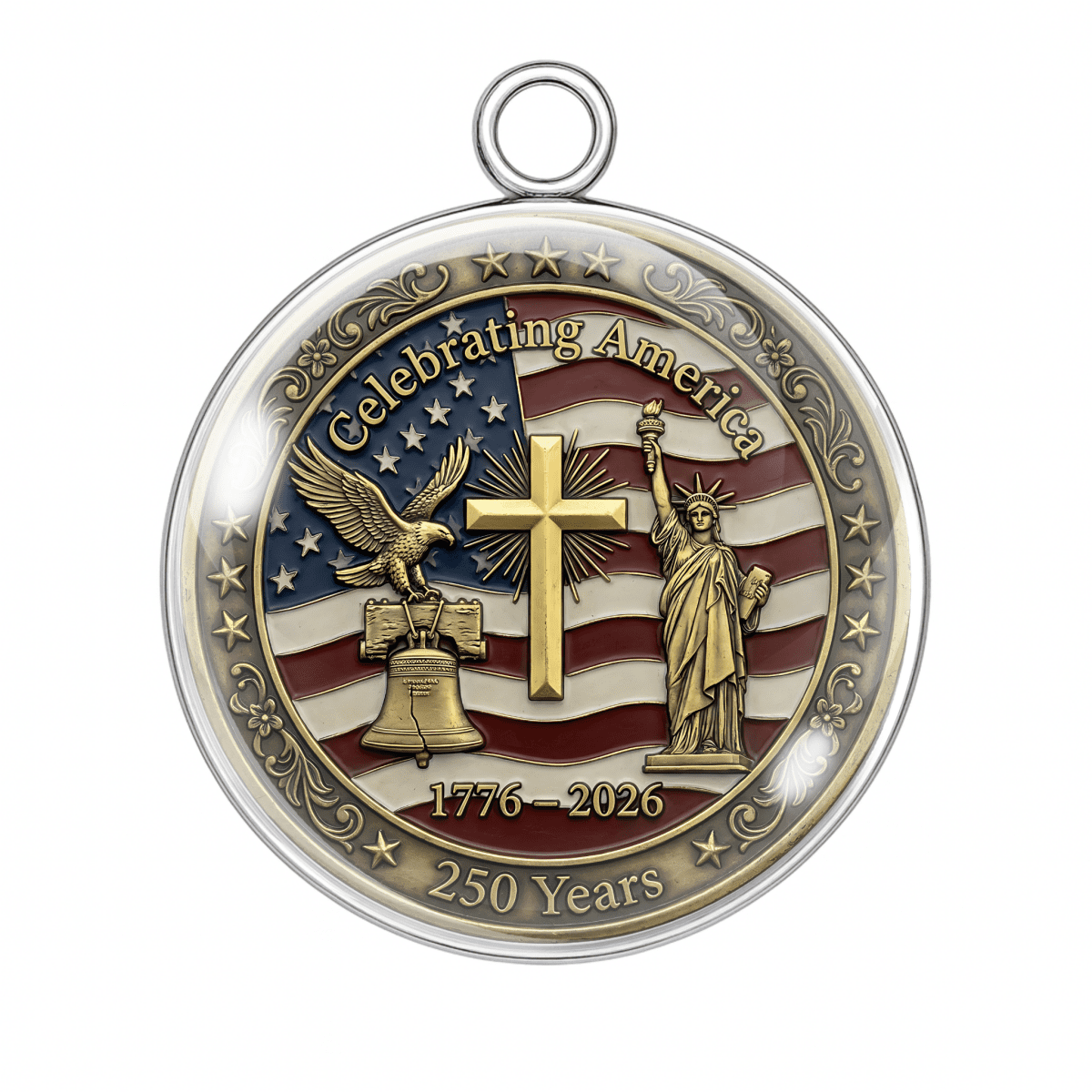 Medal celebrating America's 250th anniversary with American flag design, eagle, cross, and statue of liberty.