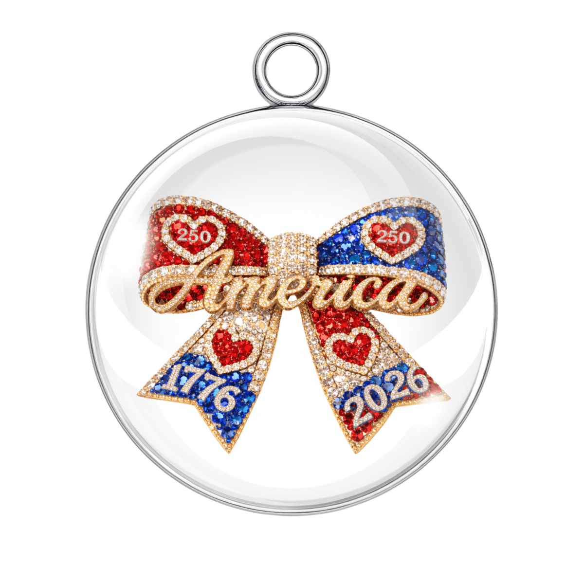 Decorative bow ornament with 'America' and years 1776-2026 on a clear background