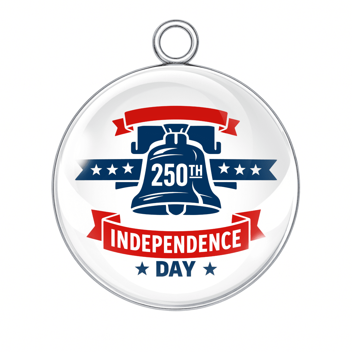 Round pendant with '250th Independence Day' design featuring a bell and stars on a white background.