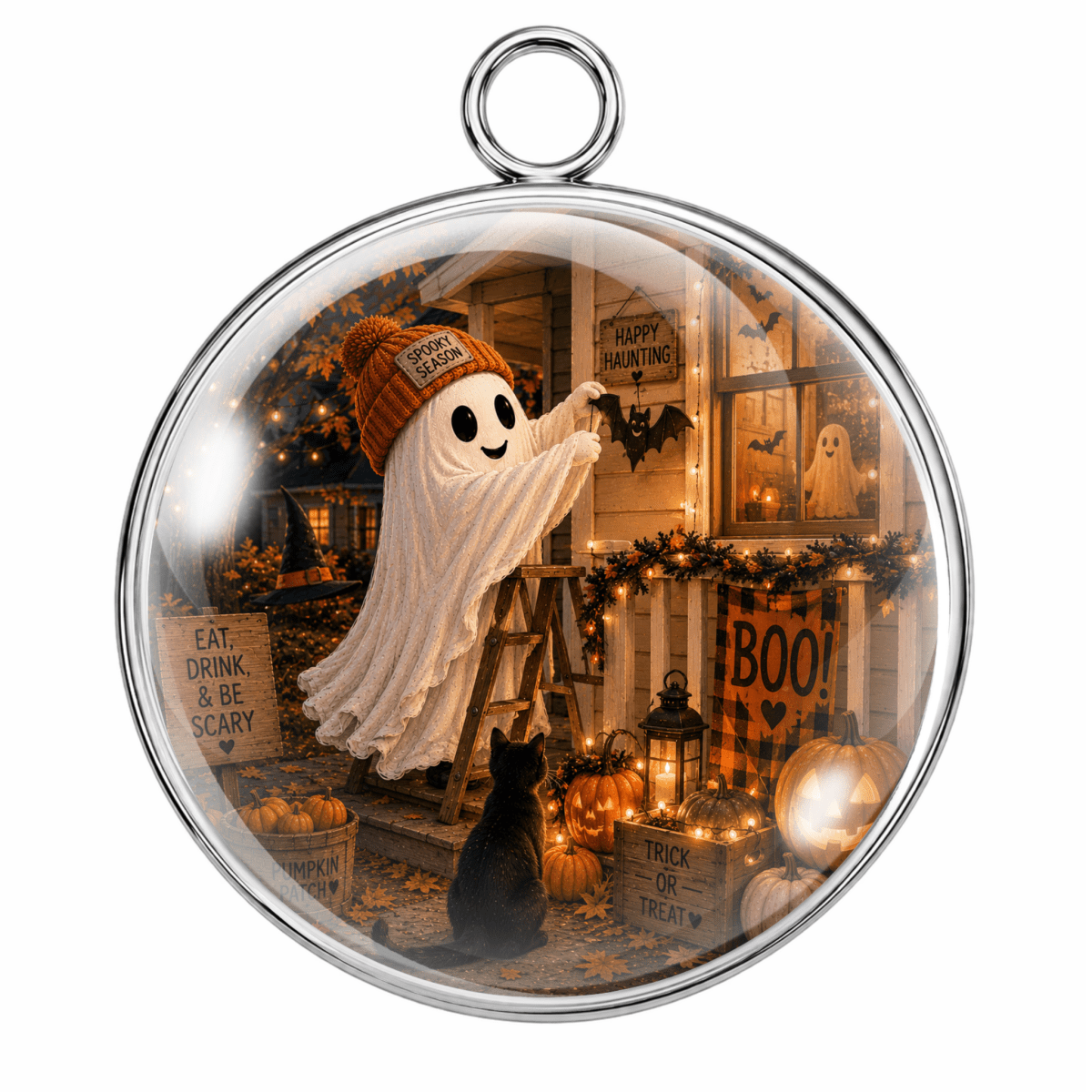 Round glass pendant with a silver metal rim and hanging loop, featuring a printed Halloween scene with a ghost, pumpkins, lanterns, a cat, and autumn decorations on a white background.