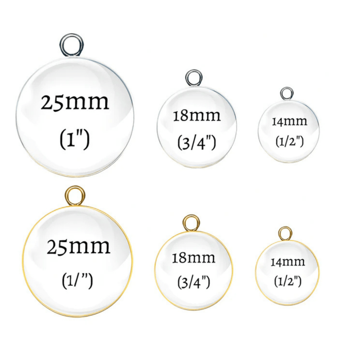 Six round glass cabochon pendants in silver and gold borders, shown in five sizes (25mm, 18mm, and 14mm) with printed text indicating dimensions on a white background.
