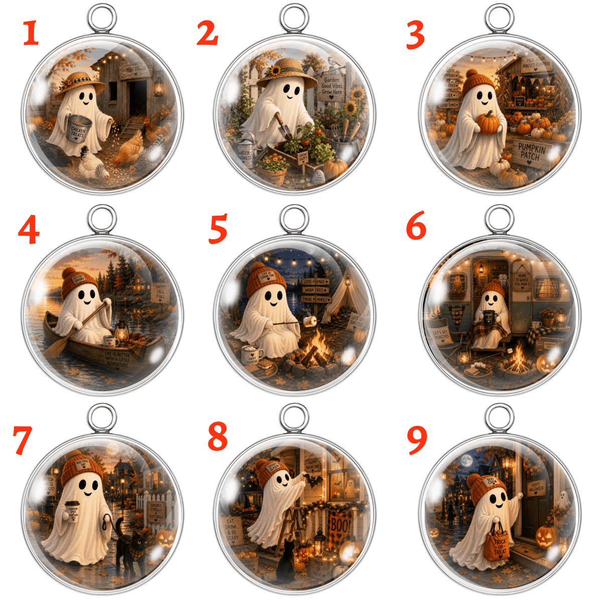 Nine circular pendant or charm designs arranged in a 3x3 grid on a white background, each labeled with a red number 1 through 9. Each charm features a cartoon ghost character in a Halloween-themed scene with autumn elements like pumpkins, lanterns, and warm glowing lights inside a clear round case with a silver metal ring at the top.
