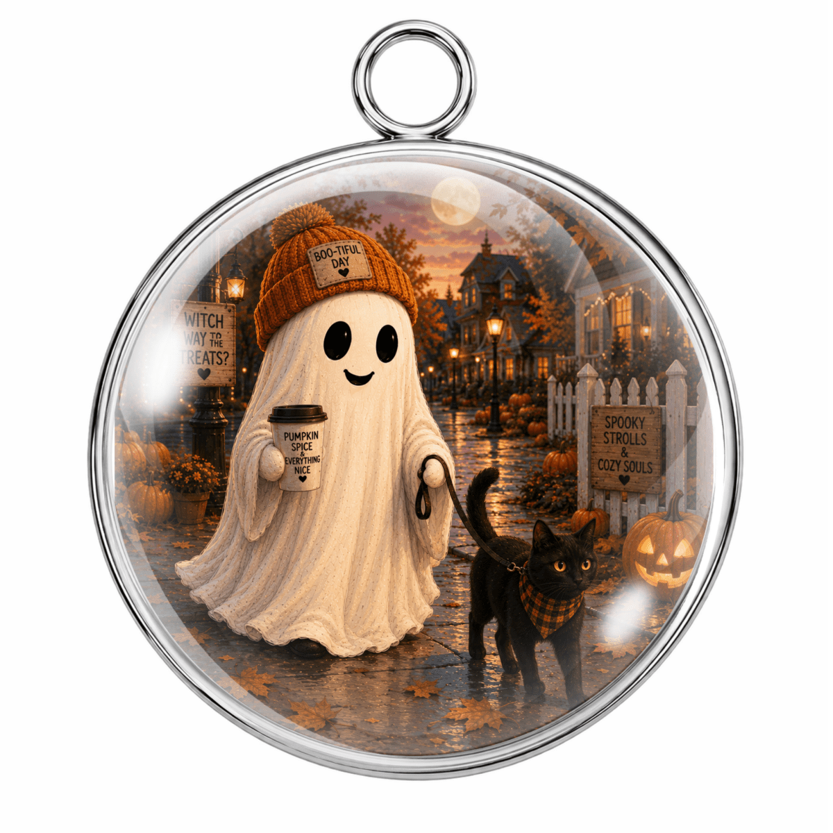 A round silver-toned pendant or ornament featuring a Halloween-themed illustration: a ghost in a brown beanie holding a coffee cup, a black cat with an orange scarf, pumpkins, houses, and a moonlit street scene inside a clear dome.