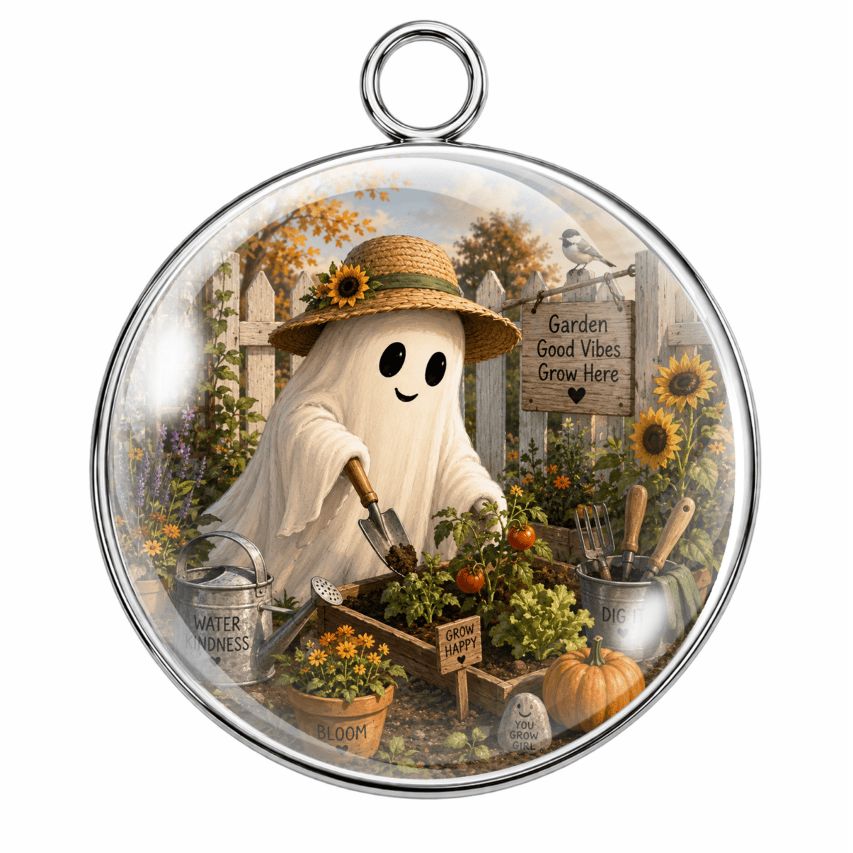 Round glass pendant with a silver metal rim and hanging loop, featuring a whimsical illustration of a ghost-like garden ghost wearing a straw hat with sunflowers, gardening tools, flowers, a pumpkin, and a sign that reads 'Garden Good Vibes Grow Here'.