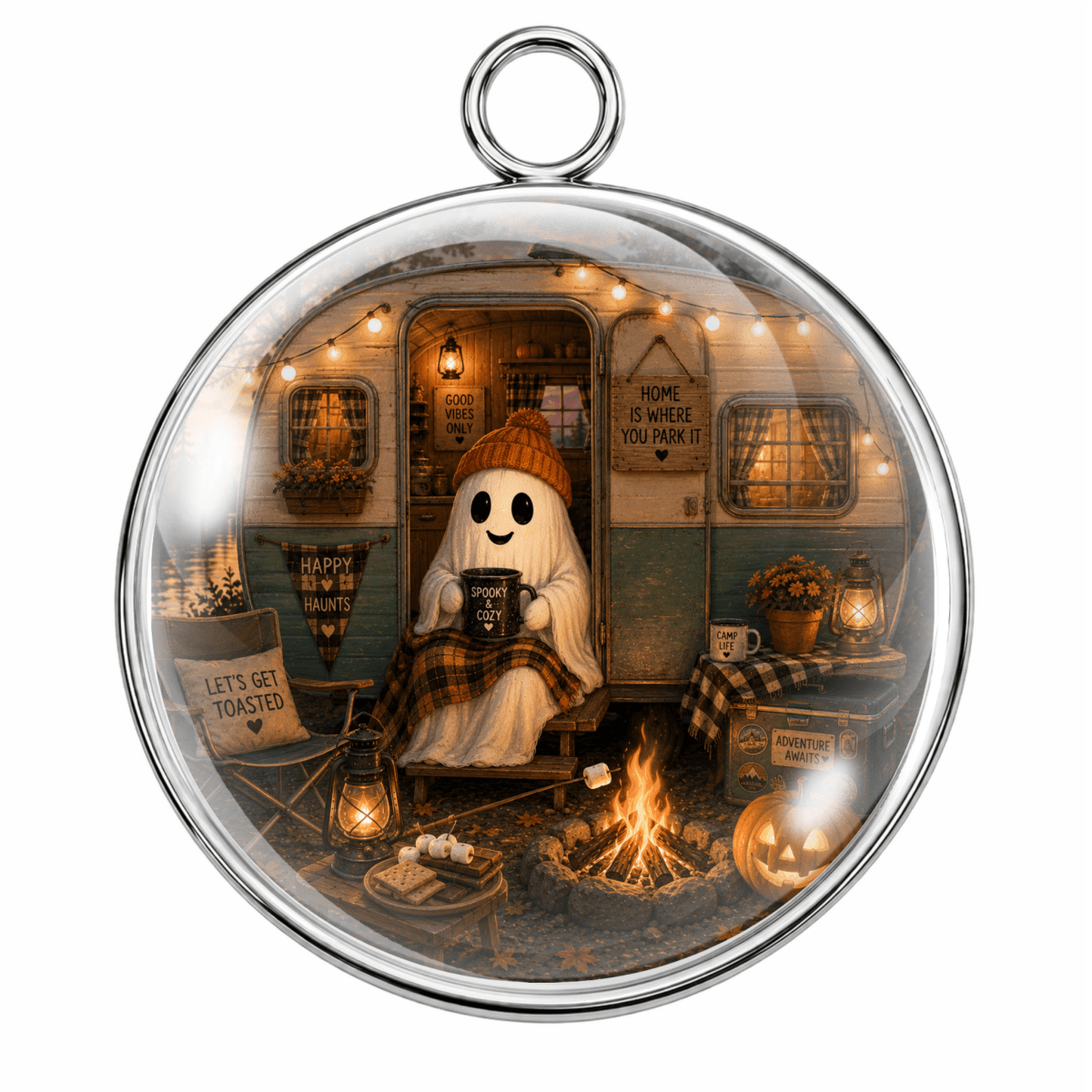 A round glass ornament with a silver metal rim and hanging loop, featuring a cozy ghost sitting in front of a vintage camper with warm lights, a campfire, and autumn decorations inside.
