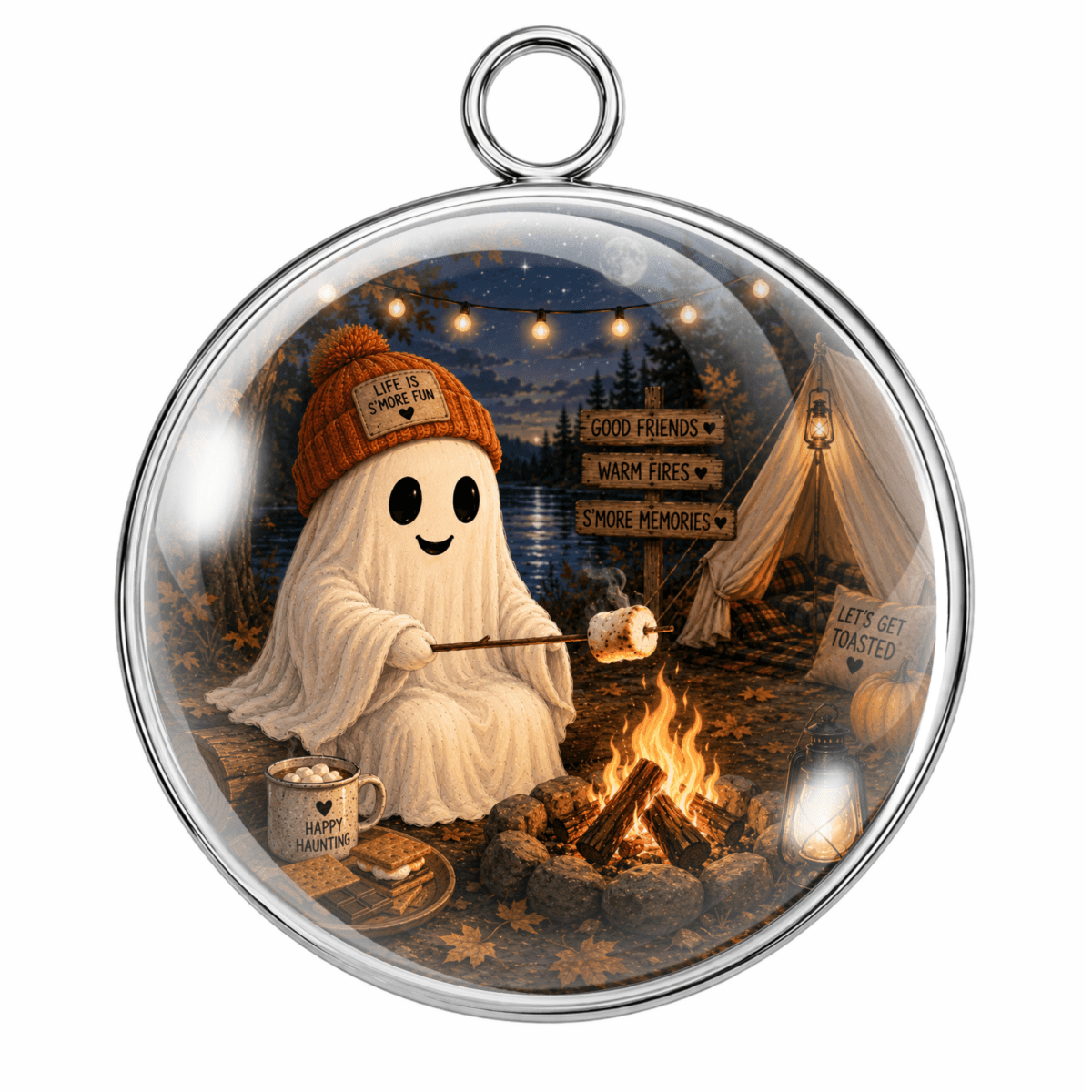 A round glass ornament or pendant with a silver metal rim and hanging loop, featuring a whimsical ghost camping scene with a campfire, marshmallow, tent, string lights, and cozy autumn-themed signs.