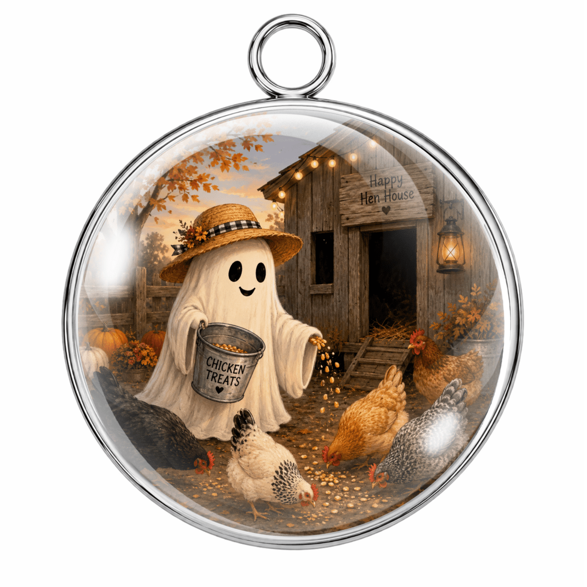 Round glass pendant with a silver metal rim and hanging loop, featuring a whimsical autumn scene of a ghost in a straw hat holding a bucket of chicken treats near a barn with chickens and pumpkins.