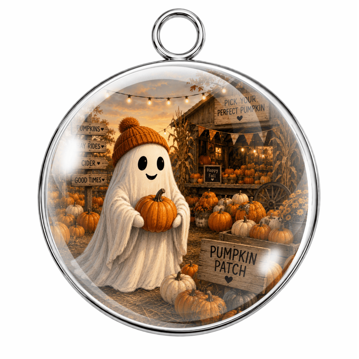 Round glass pendant with a silver metal rim and hanging loop, featuring a whimsical autumn scene of a ghost in a white robe and orange hat holding a pumpkin in front of a pumpkin patch storefront.