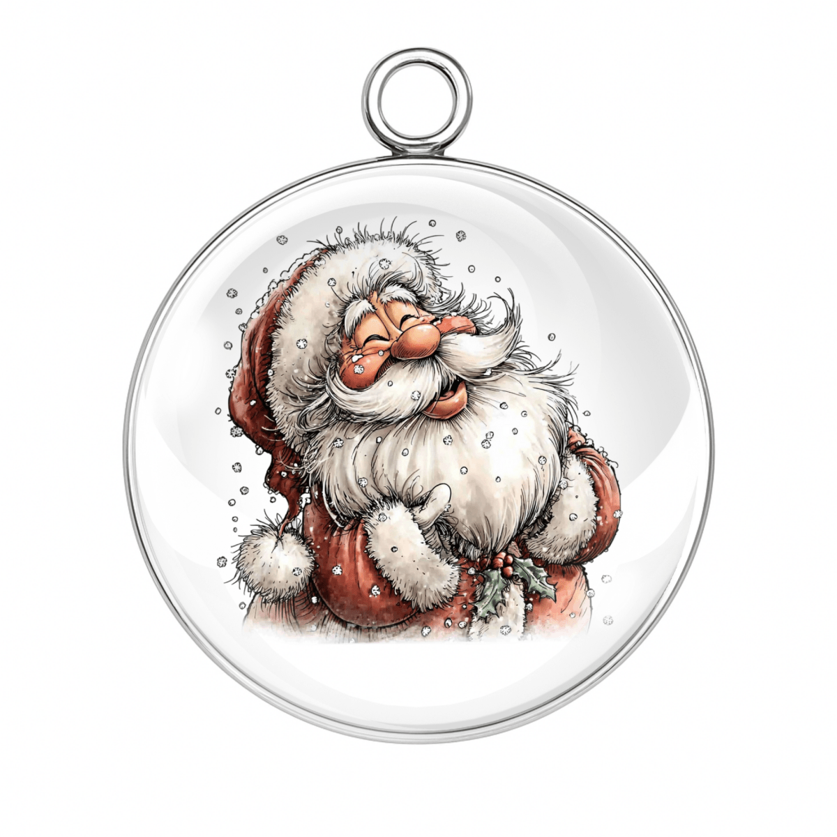 Clear Christmas ornament with a cartoon Santa Claus design on a white background