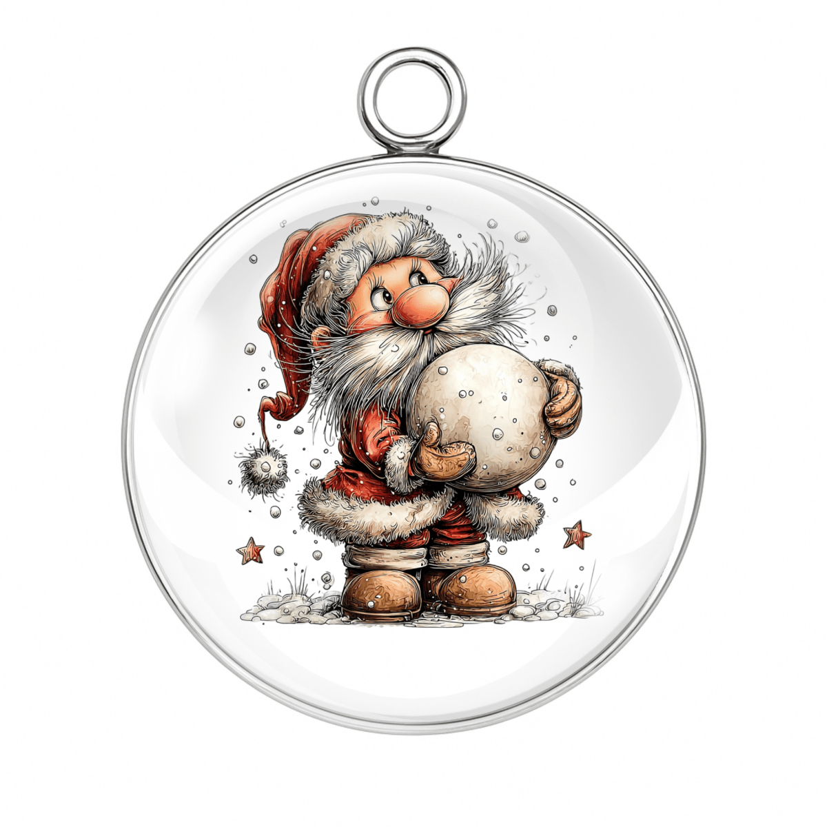 Christmas ornament with a gnome holding a snowball inside a clear sphere.