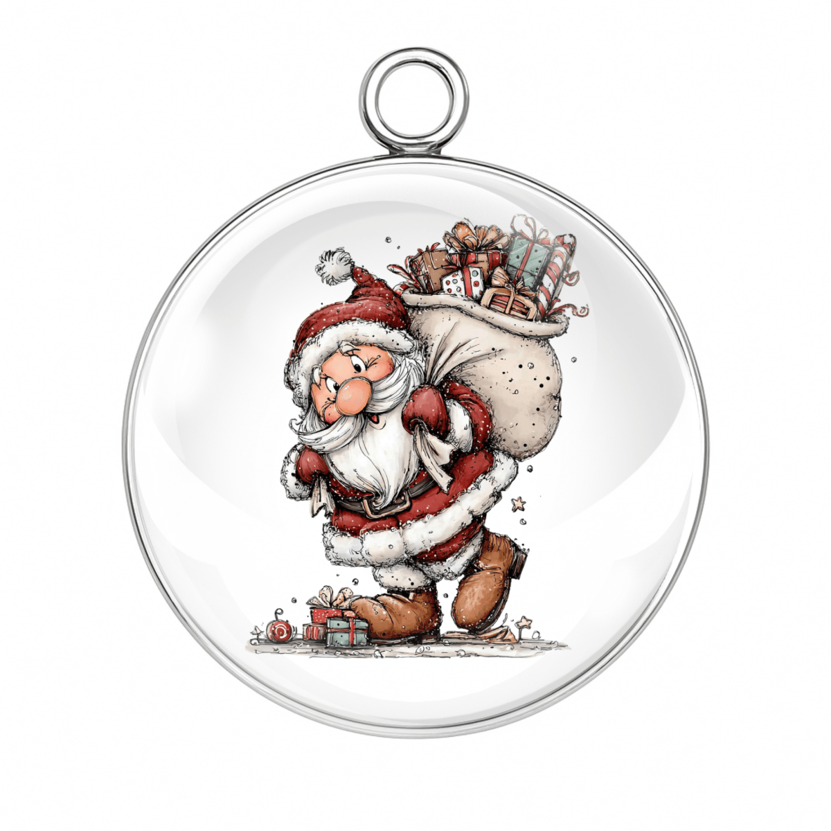 Round transparent Christmas ornament with a cartoon Santa Claus holding a sack of gifts on a white background