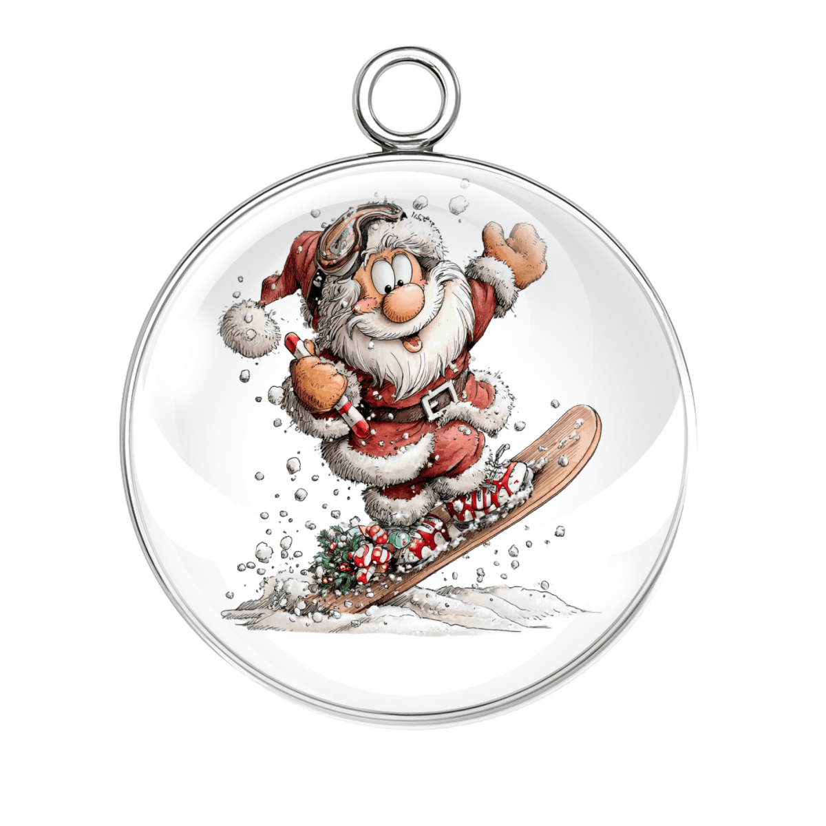 Christmas ornament with a cartoon Santa Claus on skis inside a clear ball