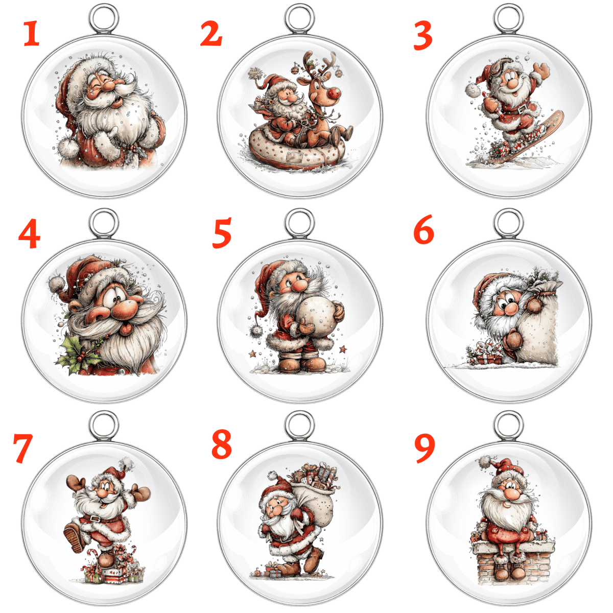 Nine Christmas-themed Santa Claus ornaments with different poses and expressions on a white background.