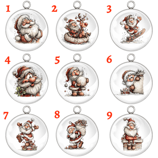 Nine Christmas-themed Santa Claus ornaments with different poses and expressions on a white background.