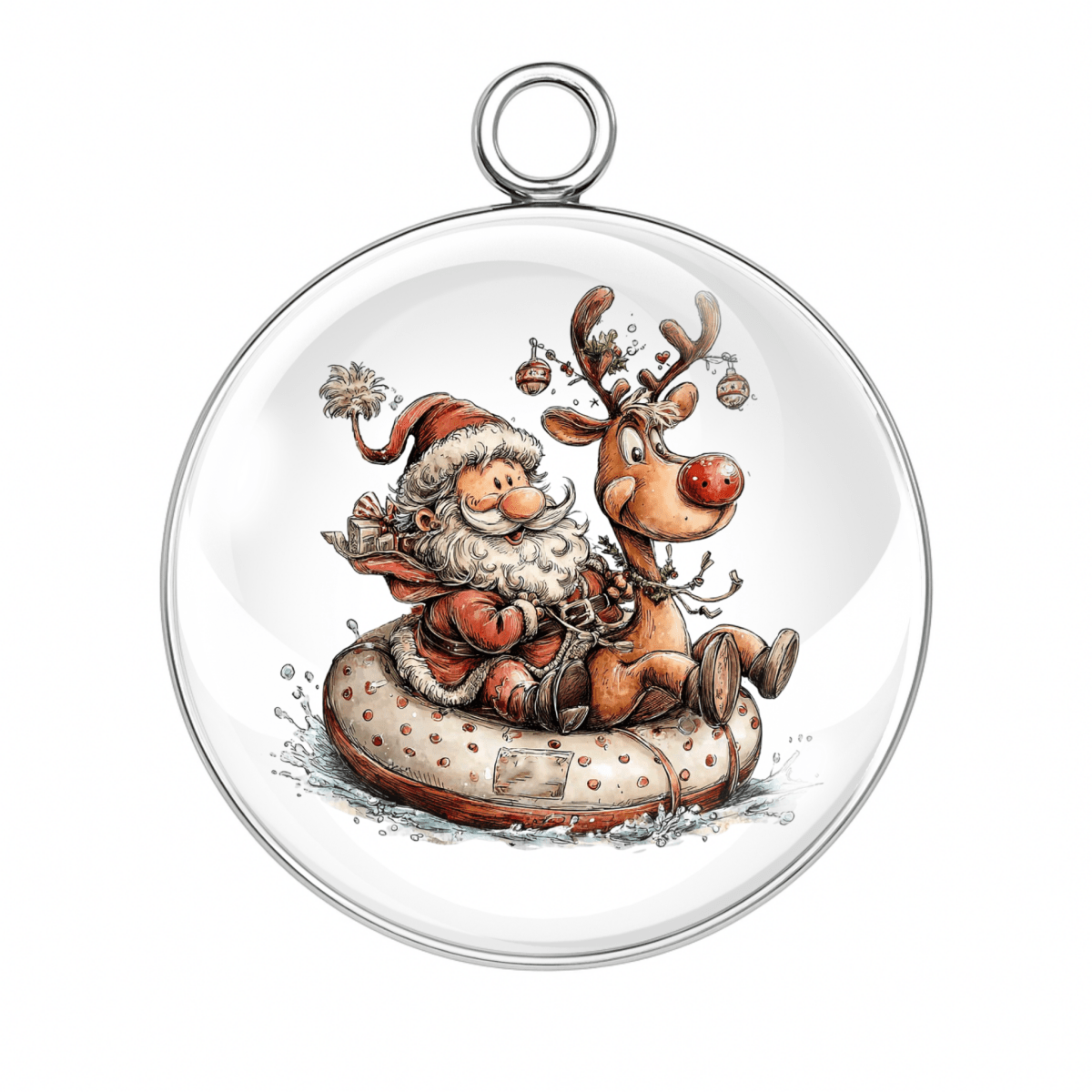 Christmas ornament with Santa Claus and reindeer design on a white background