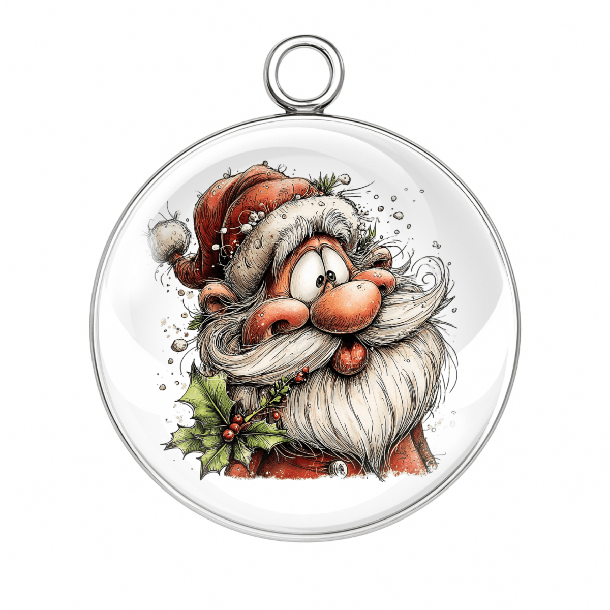 Christmas ornament with a cartoon Santa Claus design on a white background