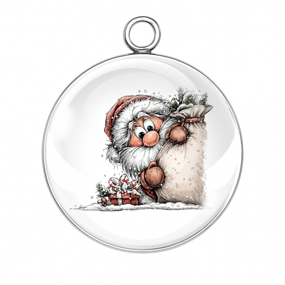 Clear Christmas ornament with a cartoon Santa Claus design on a white background