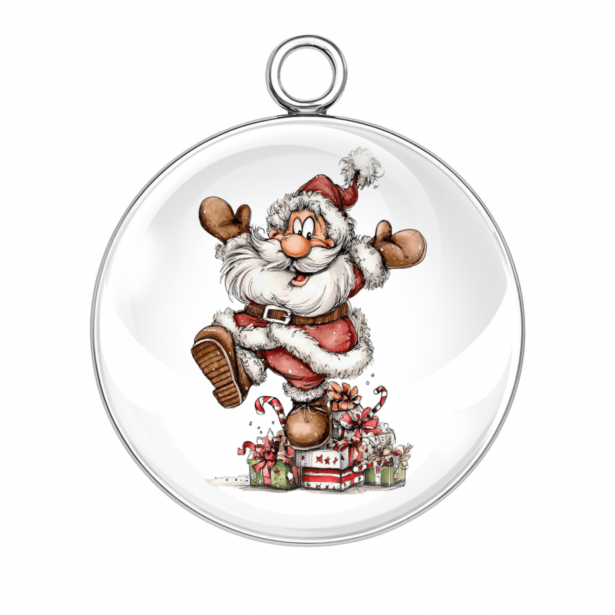 Christmas ornament with a cartoon Santa Claus design on a white background