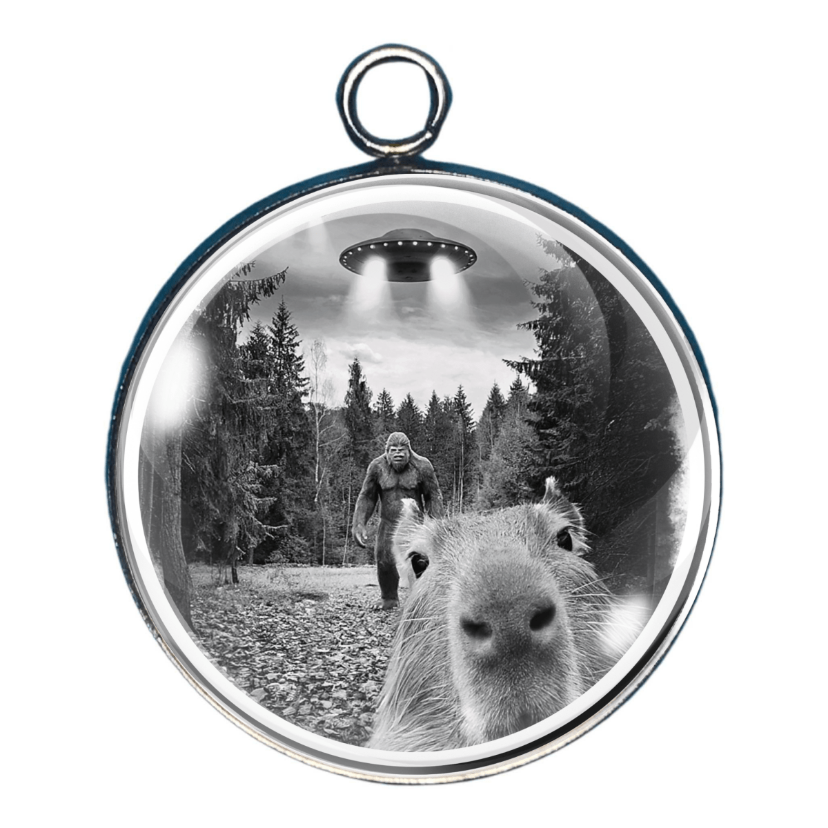 Charm 1: a capybara taking a selfie in the forest with a UFO and a bigfoot 