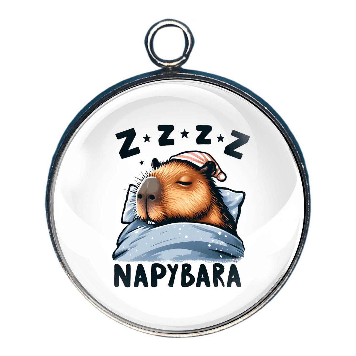 Charm 8: Capybara asleep in bed with wording “Napybara"