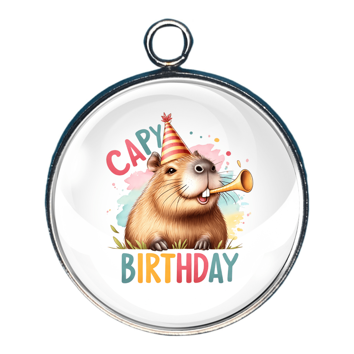 Charm 6: Partying capybara blowing horn with “Capy Birthday