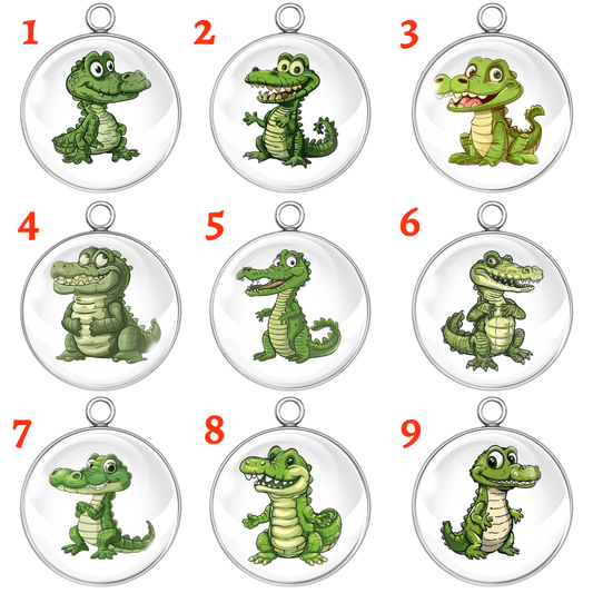 “Nine cartoon alligator glass cabochon charms numbered 1 through 9, each with a unique funny gator design in stainless steel settings.”