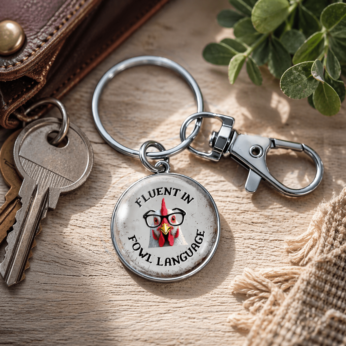 Keychain with 'Fluent in Fowl Language' design on a wooden surface with keys and a plant.
