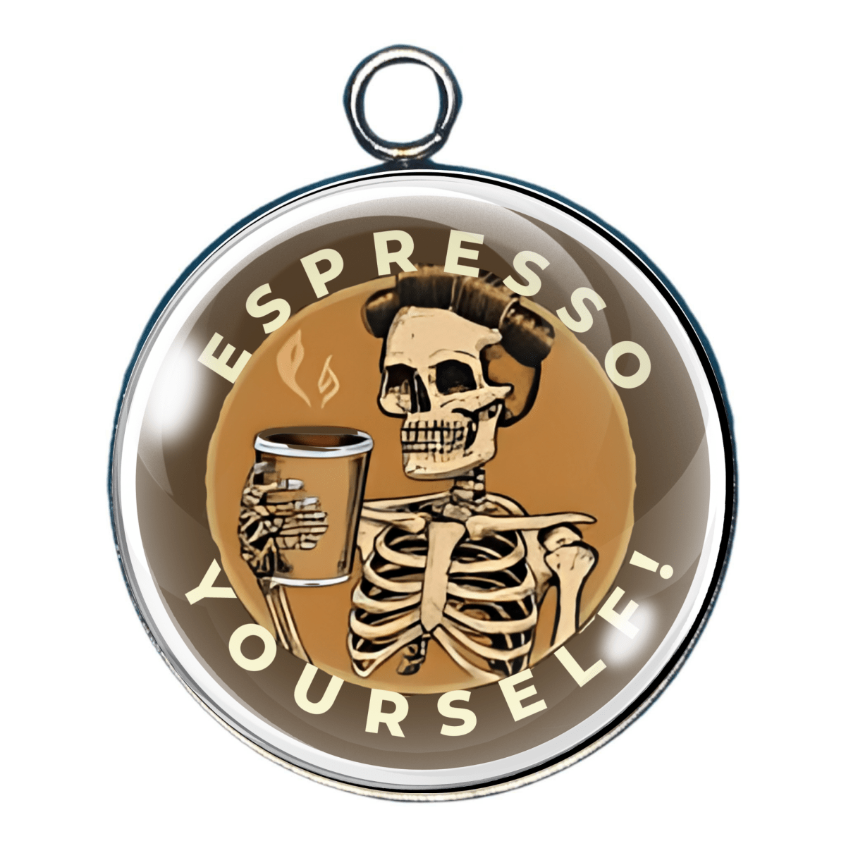 charm of a skeleton lady drinking espresso and the words : espresso yourself!
