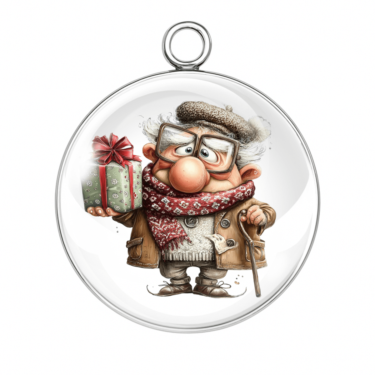 “Grandpa holding wrapped present winter charm”
