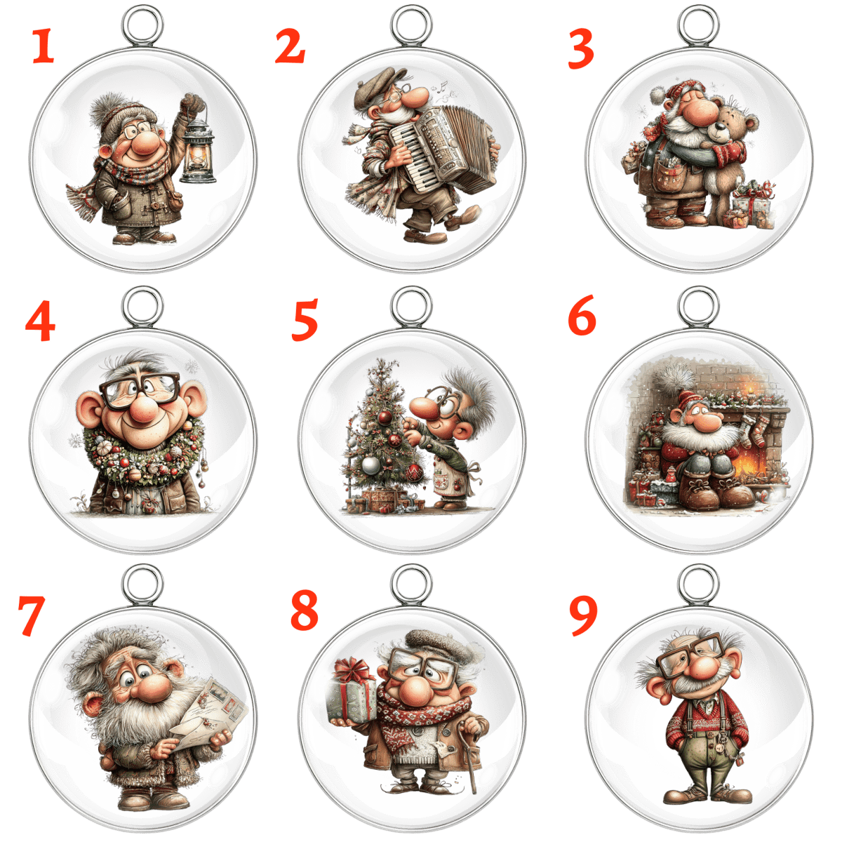 Nine Christmas-themed ornaments with cartoon characters on a white background