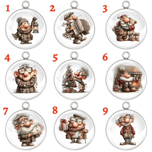 Nine Christmas-themed ornaments with cartoon characters on a white background