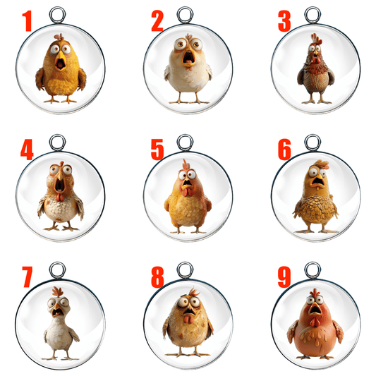 "A 3x3 grid of round glass cabochon charms featuring nine different cartoon-style screaming chickens with exaggerated facial expressions. Each charm is numbered from 1 to 9 in red."