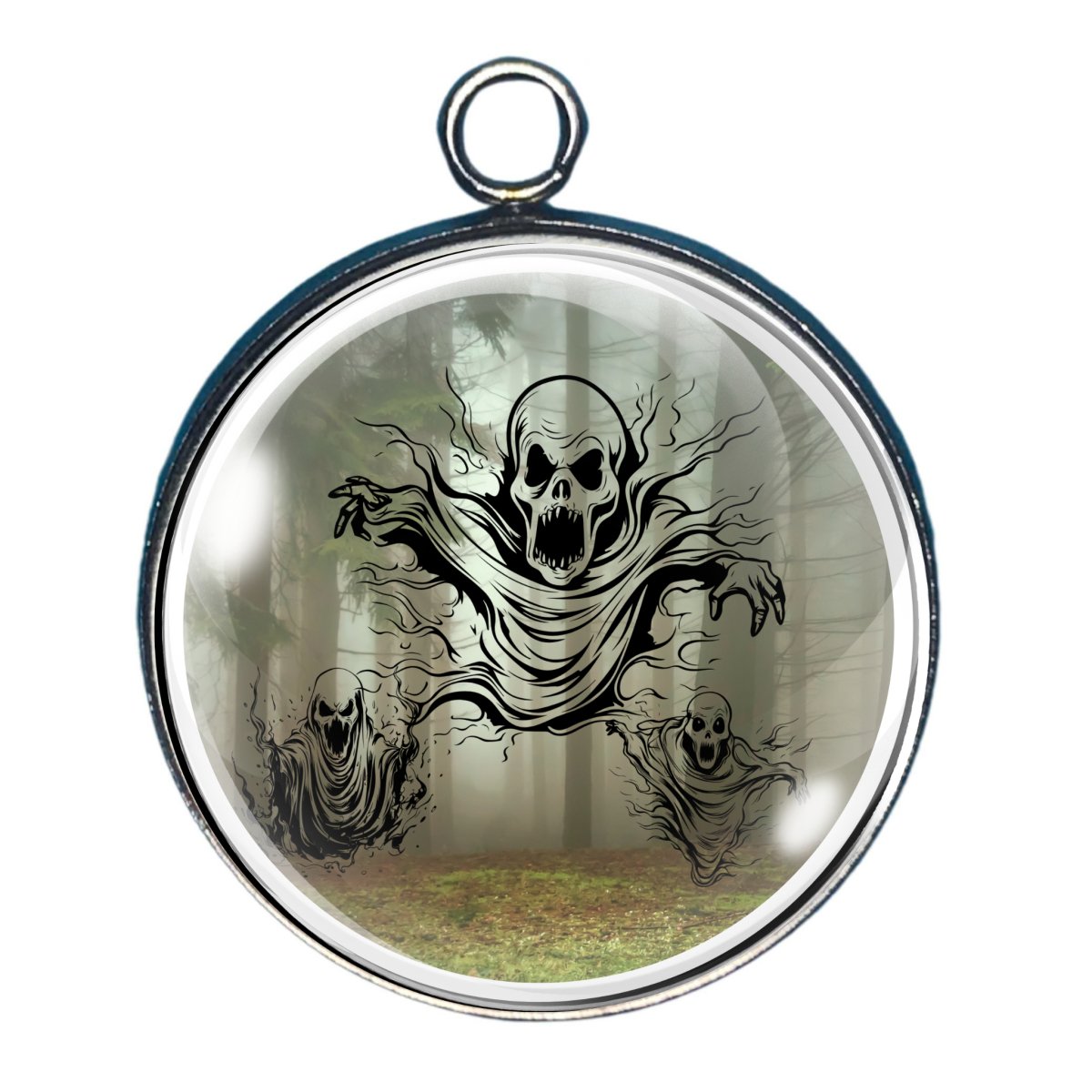 Charm featuring spooky ghosts chasing you in the forest