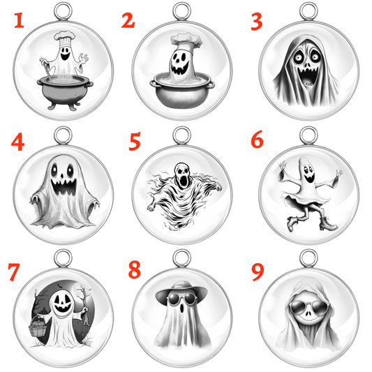 "Ghostly Halloween glass cabochon charm set with 9 spooky cartoon ghost designs numbered 1 through 9"
