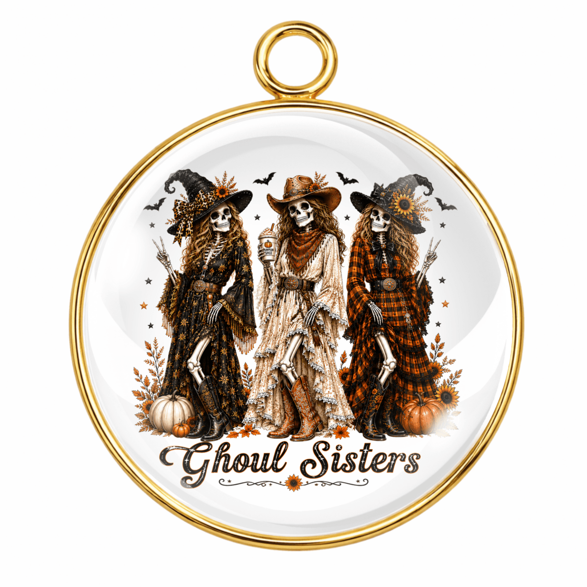 Ghoul Sisters Glass Cabochon Charm – Cute Western Skeleton Witches – Halloween Jewelry Making Charm – 14mm 18mm 25mm – Stainless Steel Base
