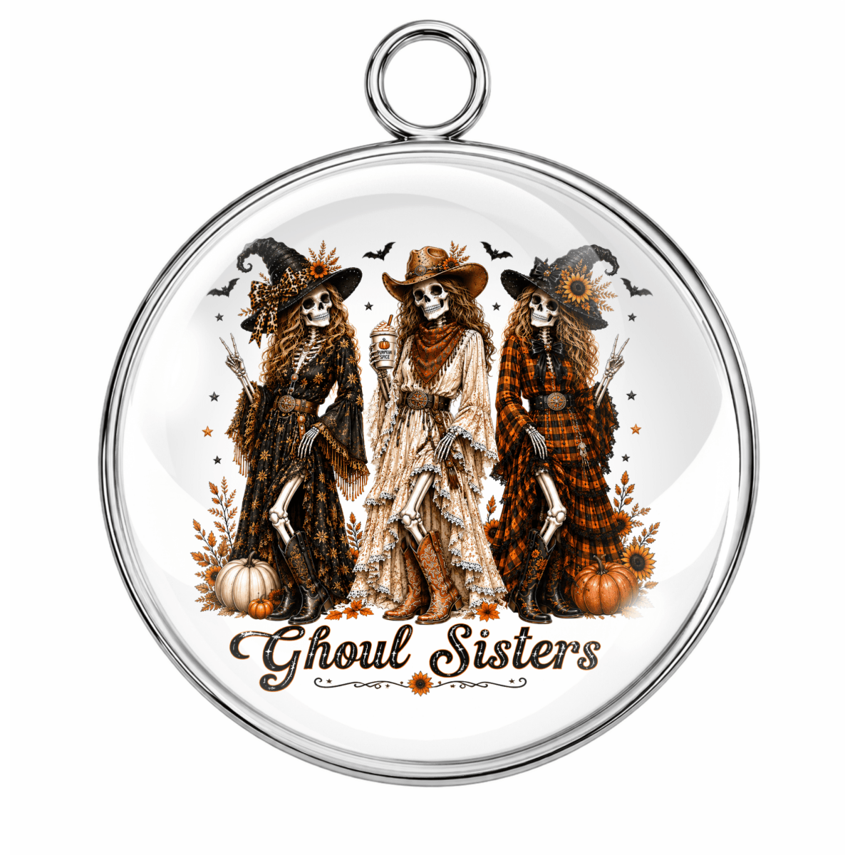 Ghoul Sisters Glass Cabochon Charm – Cute Western Skeleton Witches – Halloween Jewelry Making Charm – 14mm 18mm 25mm – Stainless Steel Base