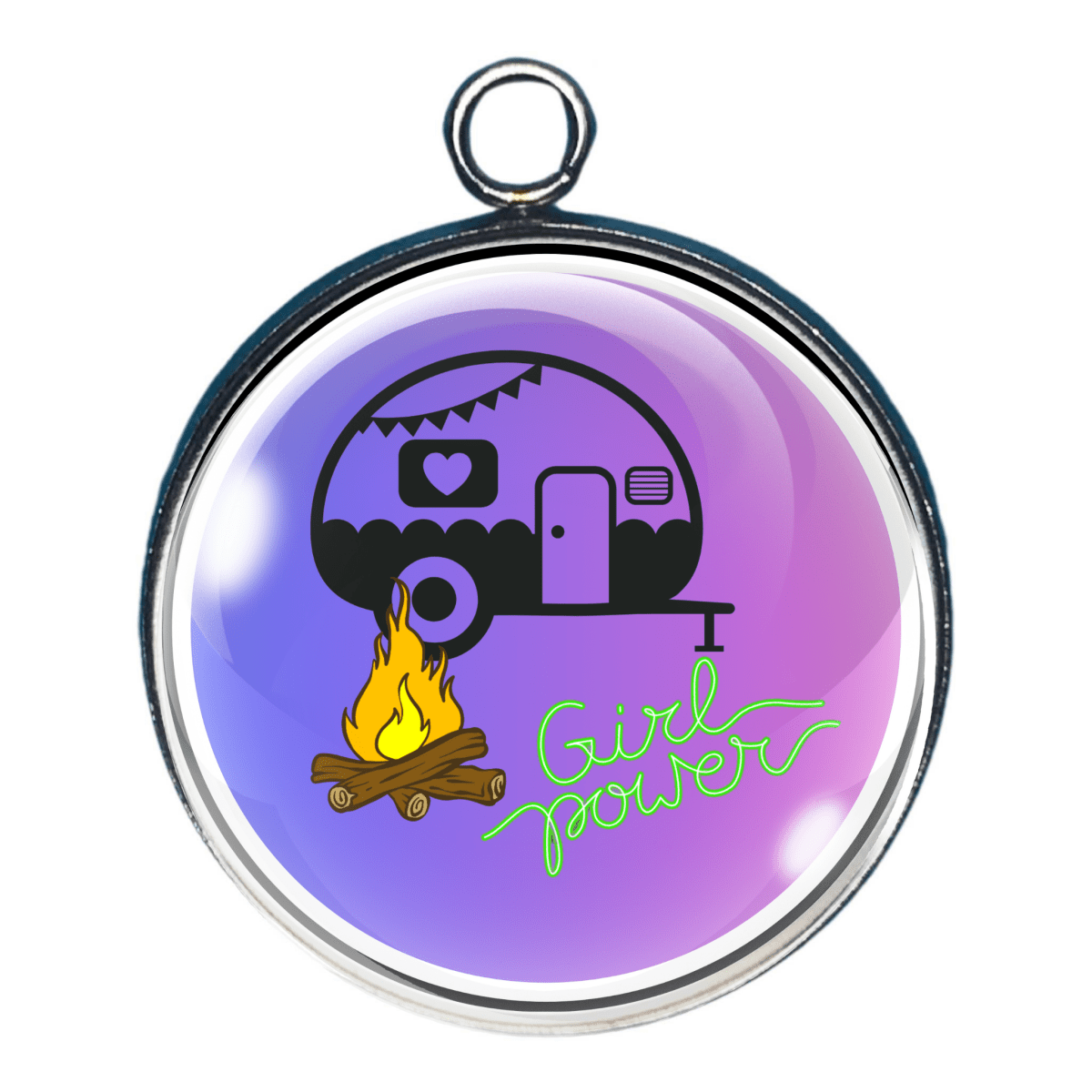 Charm of a campfire and camper with the words: Girl power