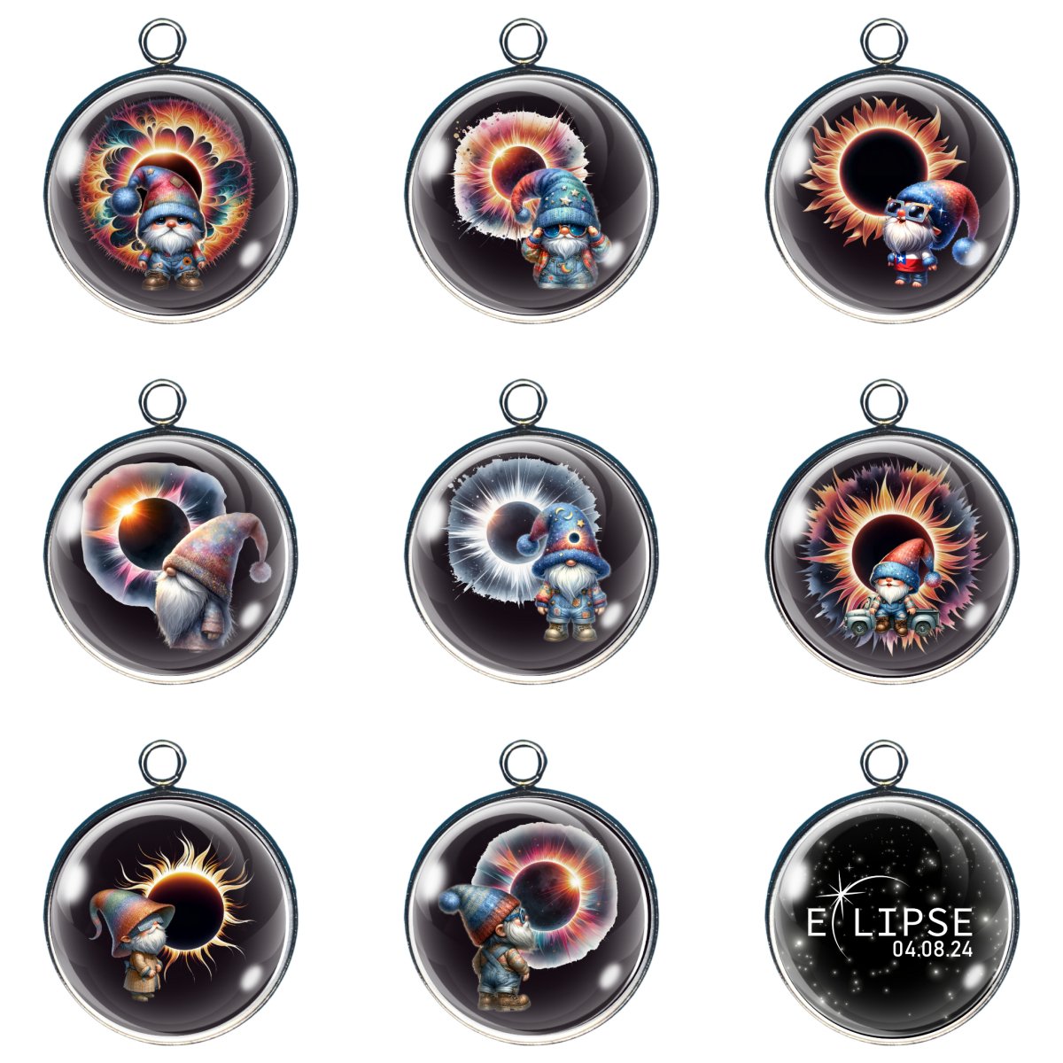 Group of 9 charms depicting gnomes watching the eclipse