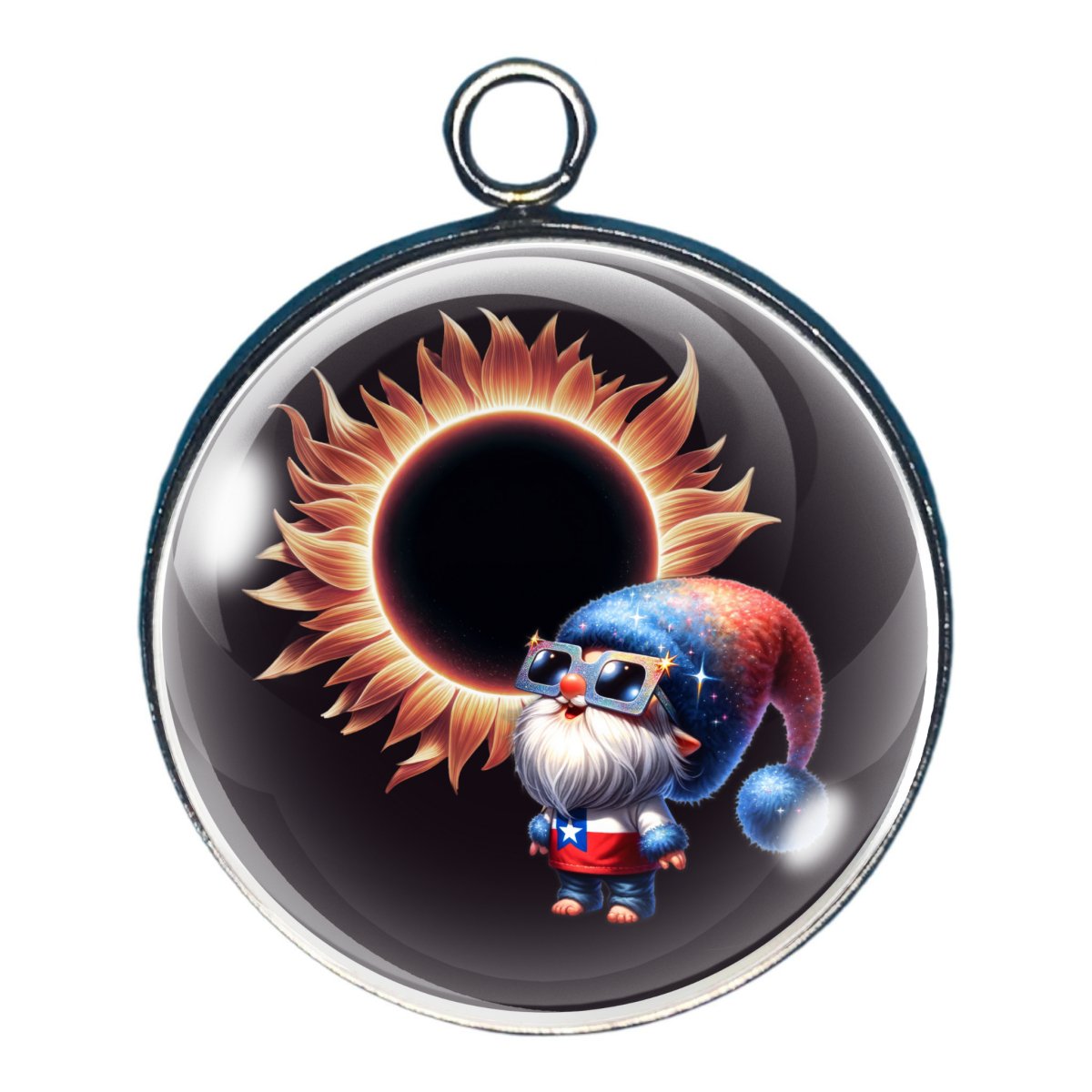 a charm depicting the solar eclipse and a gnome watching with his eclipse glasses