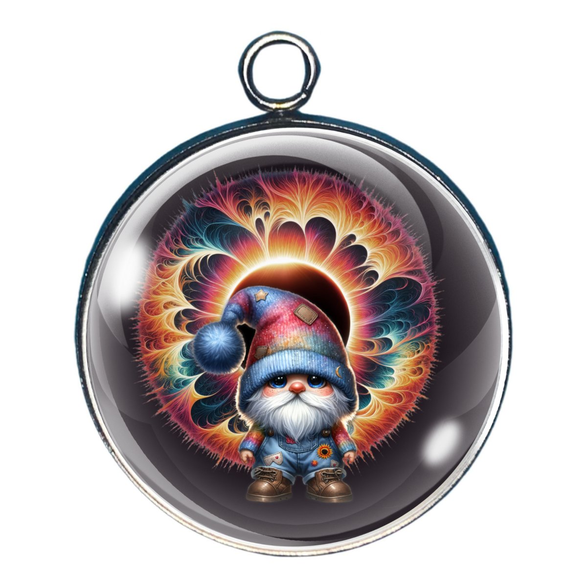 charm depicting a solar eclipse with a gnome/elf 