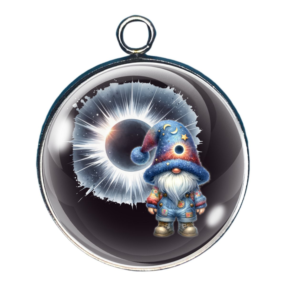 charm depicting the solar eclipse with a gnome watching