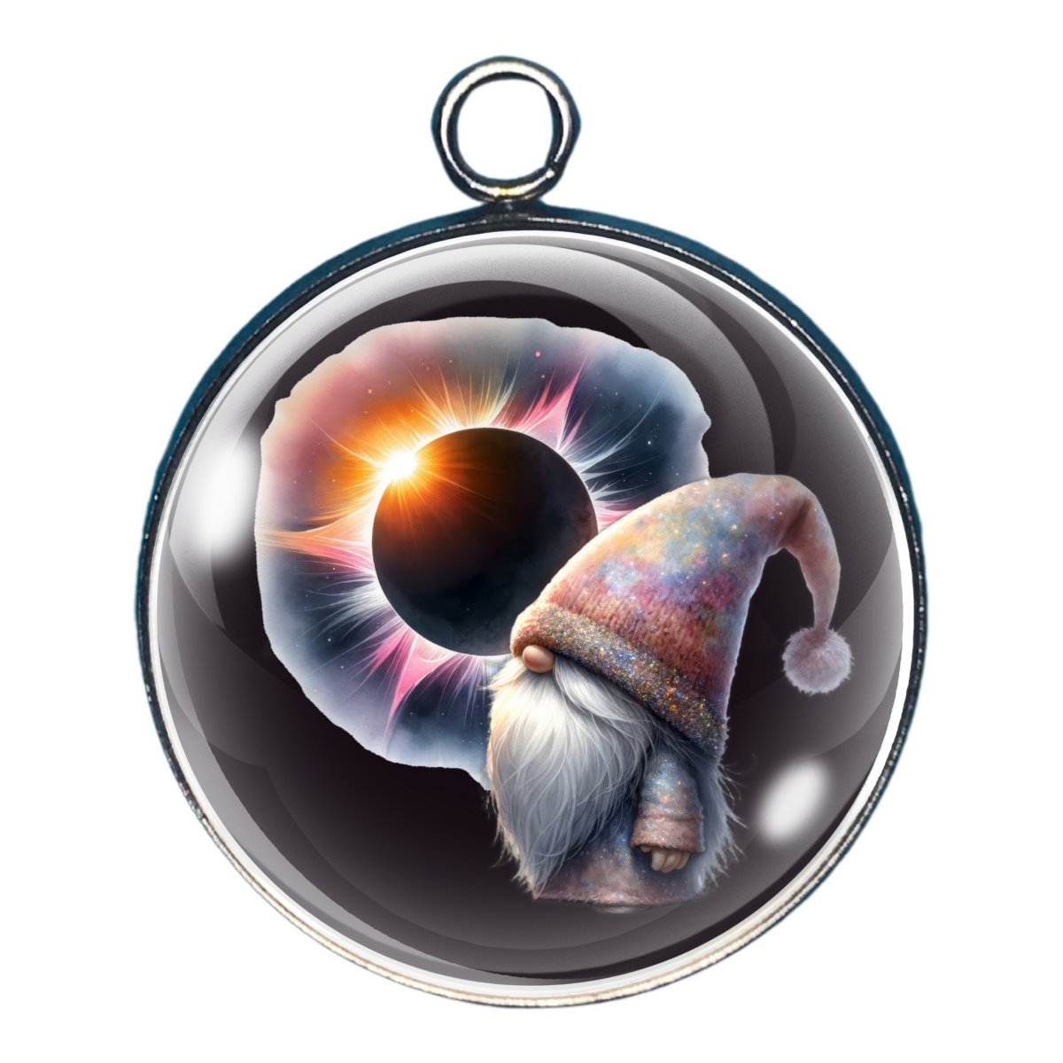 charm depicting a solar eclipse and an older gnome watching