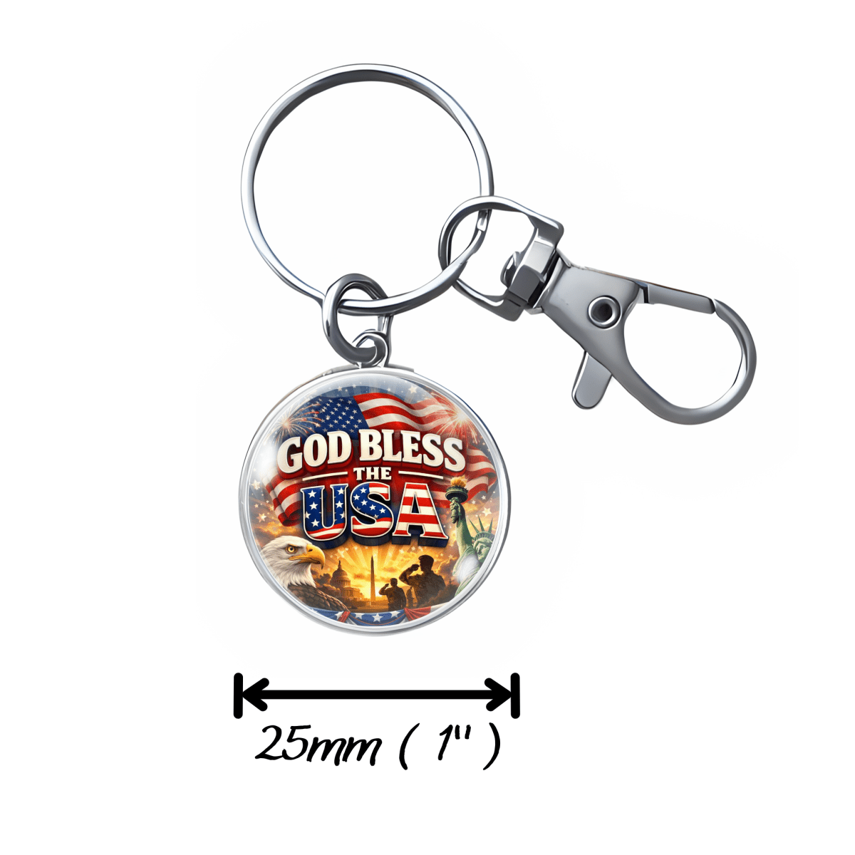 25mm God Bless the USA glass cabochon keychain size reference