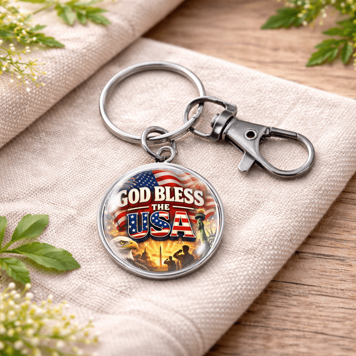 Patriotic God Bless the USA keychain attached to keys with lobster clasp