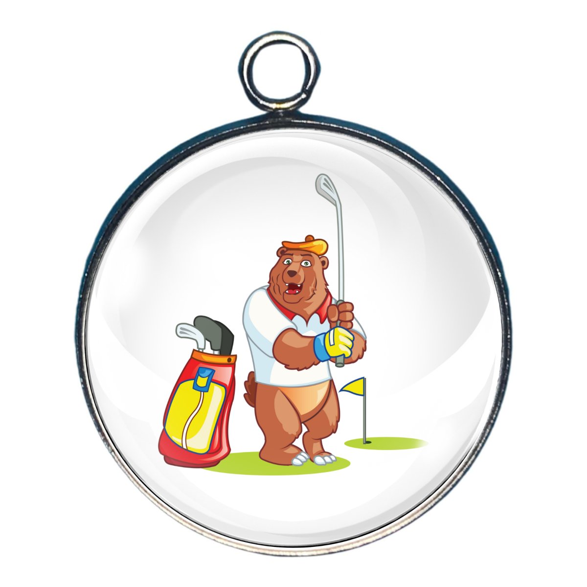 a charm depicting a bear playing Golf