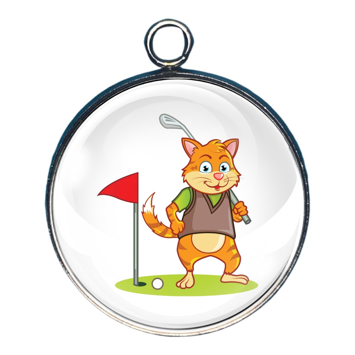 a charm depicting a cat playing golf