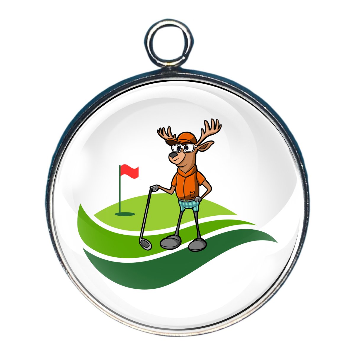 a charm depicting a deer playing golf