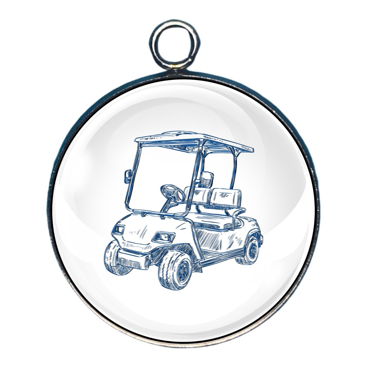 a charm depicting a scetch of a golf cart